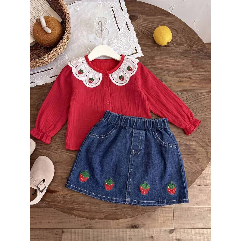 2026 Spring Autumn New Girls' Ruffle Collar Patchwork Top Denim Strawberry Embroidered Short Skirt Set Two-piece Set