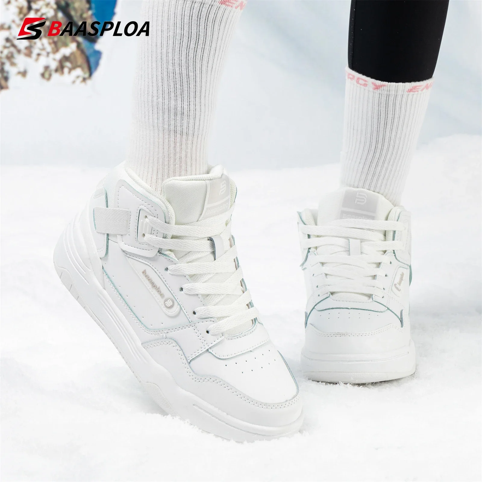 Baasploa Women Casual Shoes Winter New Fashion Leather Walking Shoes for Women Plush Keep Warm Cotton Sneakers Non-Slip Outdoor