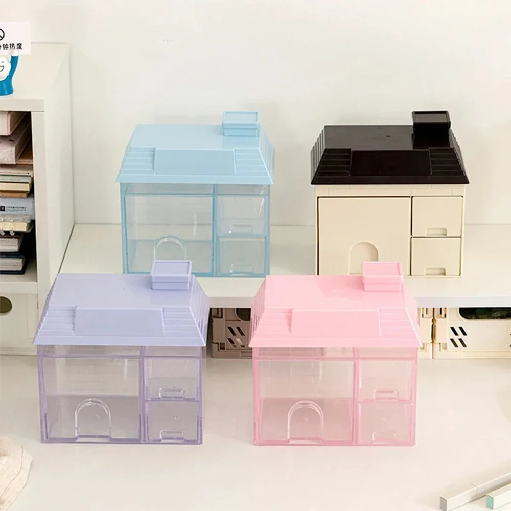 Transparent Desktop Storage Box Creative Small House Pen Holder Student Kawaii Stationery Cosmetic Organizer Rack Drawer 3 Sold