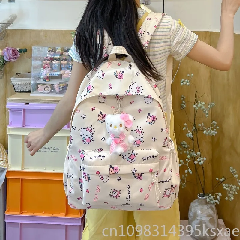

Sanrio Nylon Backpack for Student Girl Cute School Bag Large Capacity Beige Pink Blue Hello Kitty Printing Top Quality Durable