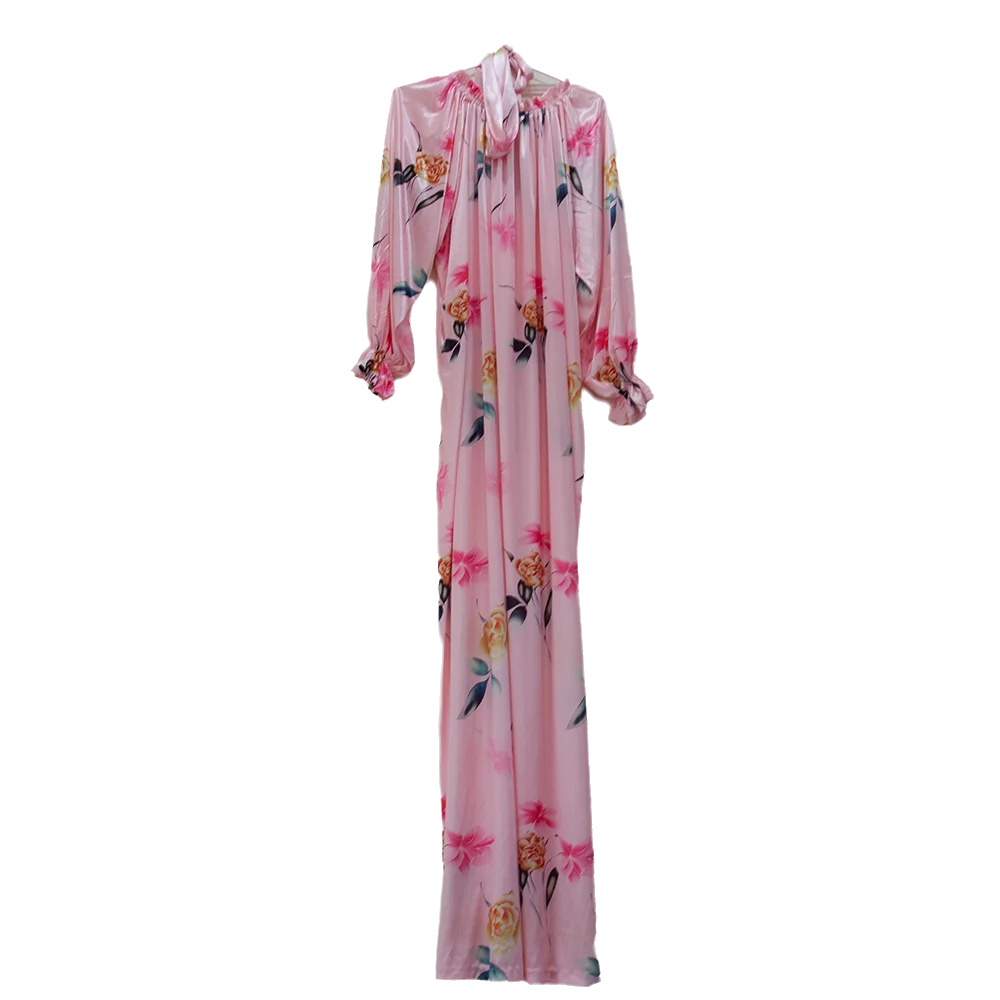 Glossy Floral Print Women Satin Long Sleeve Dress Loose Lace Up Maxi Dress Plus Size Sleeping Robe