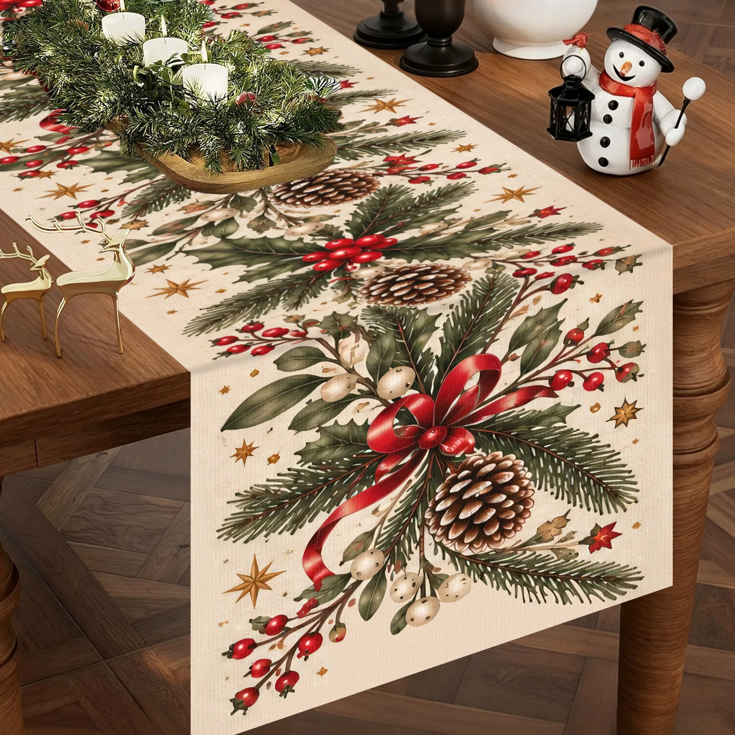 Pinecone Holly Berry Christmas Table Runner Winter Greenery Xmas Dining Table Cloth Holiday Kitchen Decorations Polyester