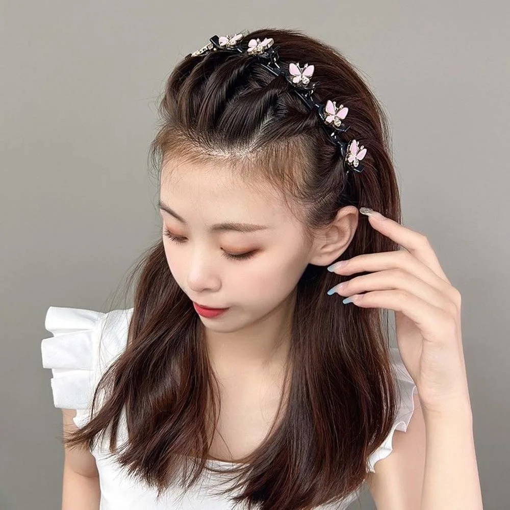 

Elegant Hair Bands with Clips Shiny Sweet Women Butterfly Hair Hoop Hair Weaving Tool Plastic Rhinestone Bangs Clip Headband