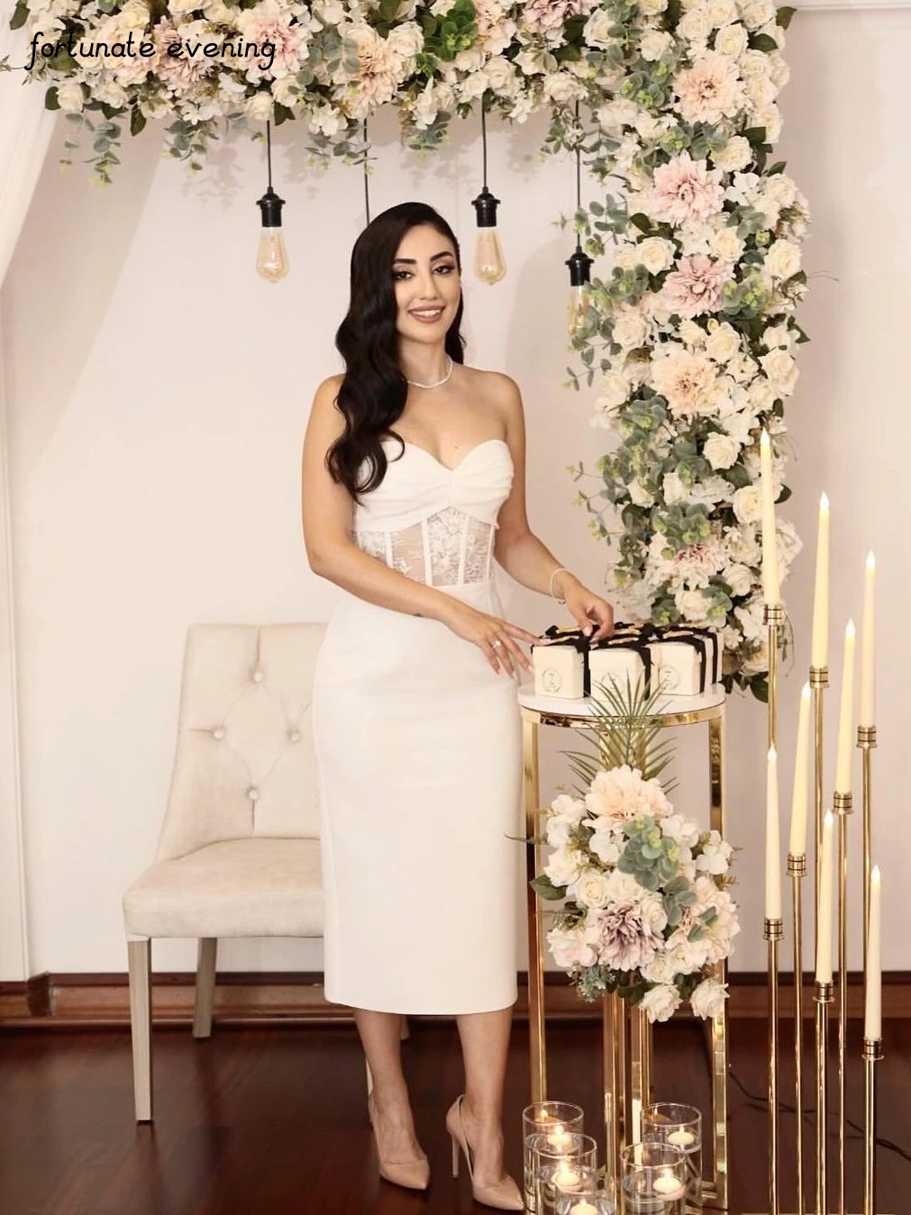 

Fortunate Evening Elegant Vintage Sweet Lace Gloves Tea Length Strapless Formal Occasion Wedding Prom Dress Evening Party Gowns