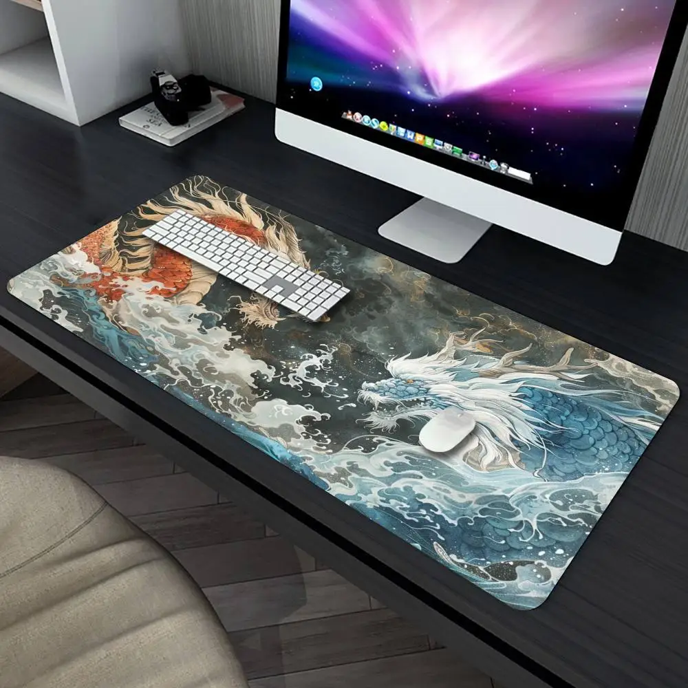 Large Gaming Mouse Pad Blue Dragon Desk Mat  Rubber Keyboard Mat For PC Table Decor Gaming Mat Non-slip Lock Edge Office PlayMat