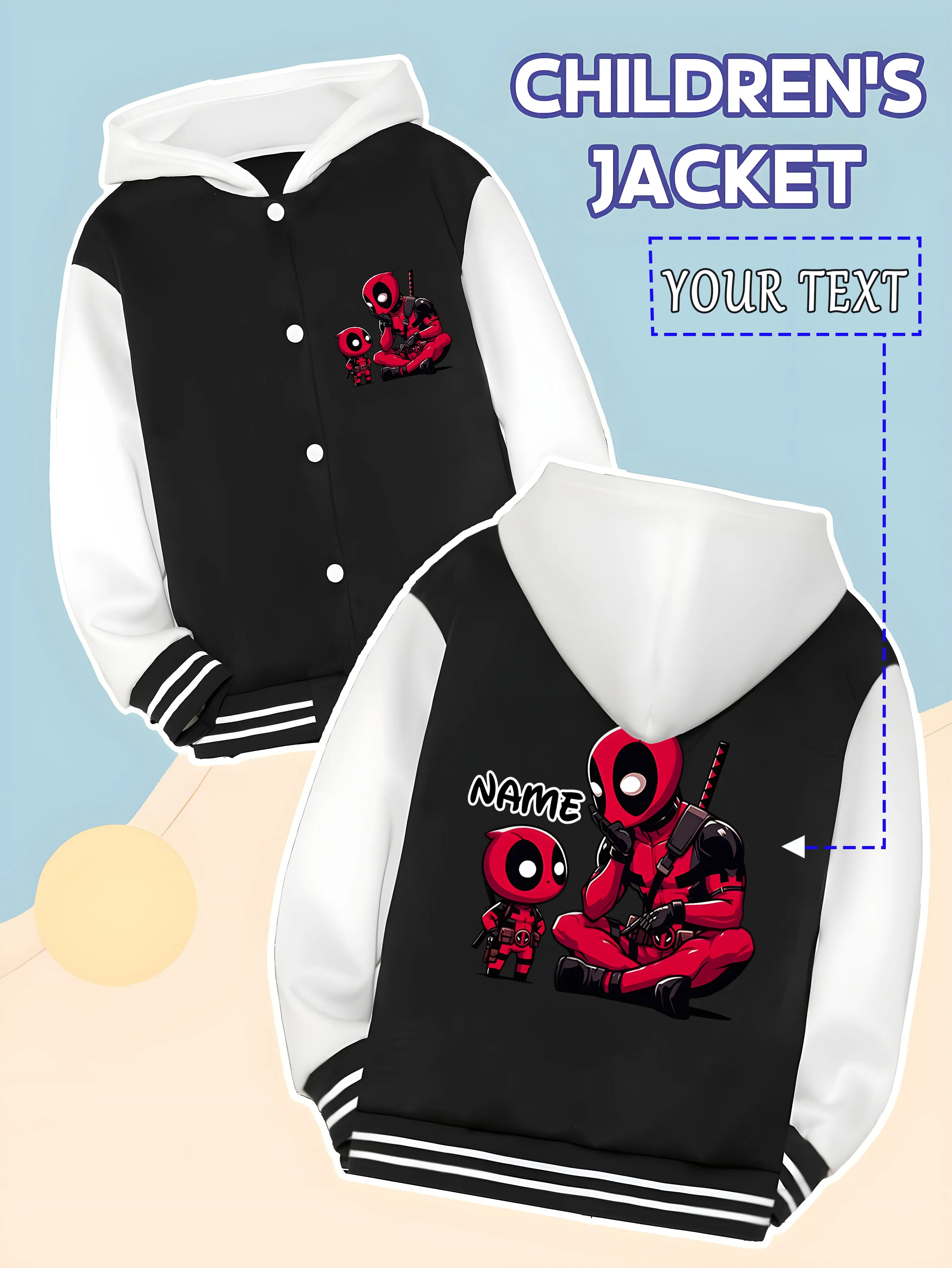 

MINISO Marvel Boys Baseball Jacket - Deadpool and his funny pattern, durable and playful, eye-catching for friends gatherings an