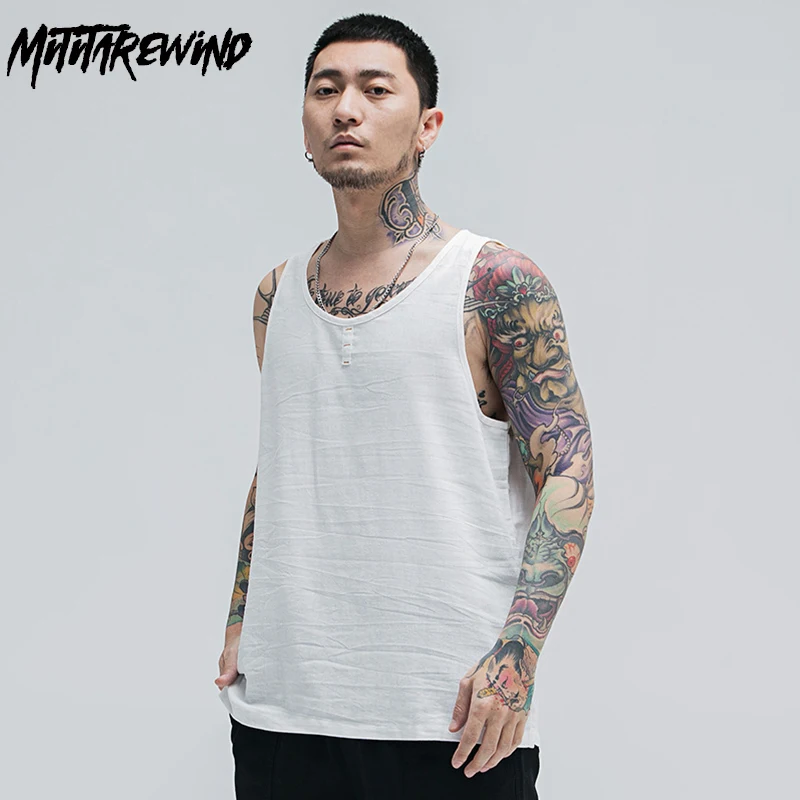 

Summer White Tank Top for Men Causal Gym Clothing Men Tank Top Size 4XL Round -neck Cotton Linen Vest Breathable Undershirt Men