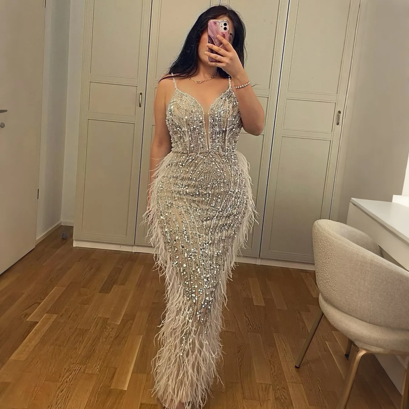 SERENE HILL White Nude Mermaid Spaghetti Strap Beaded Feather Exquisite Evening Dresses Prom Gown Customized 2025 Party GLA72047