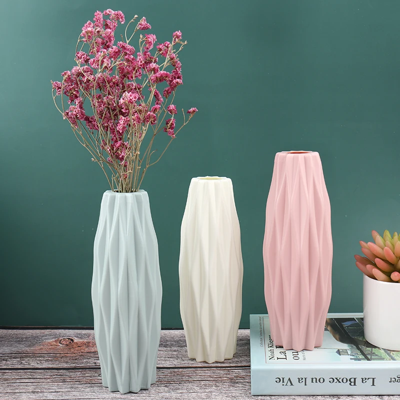 1pc Diamond Pattern Plastic Smooth Vase White Imitation Ceramic Flower Pot Thick and Durable for Living Room Bedroom Home Decora