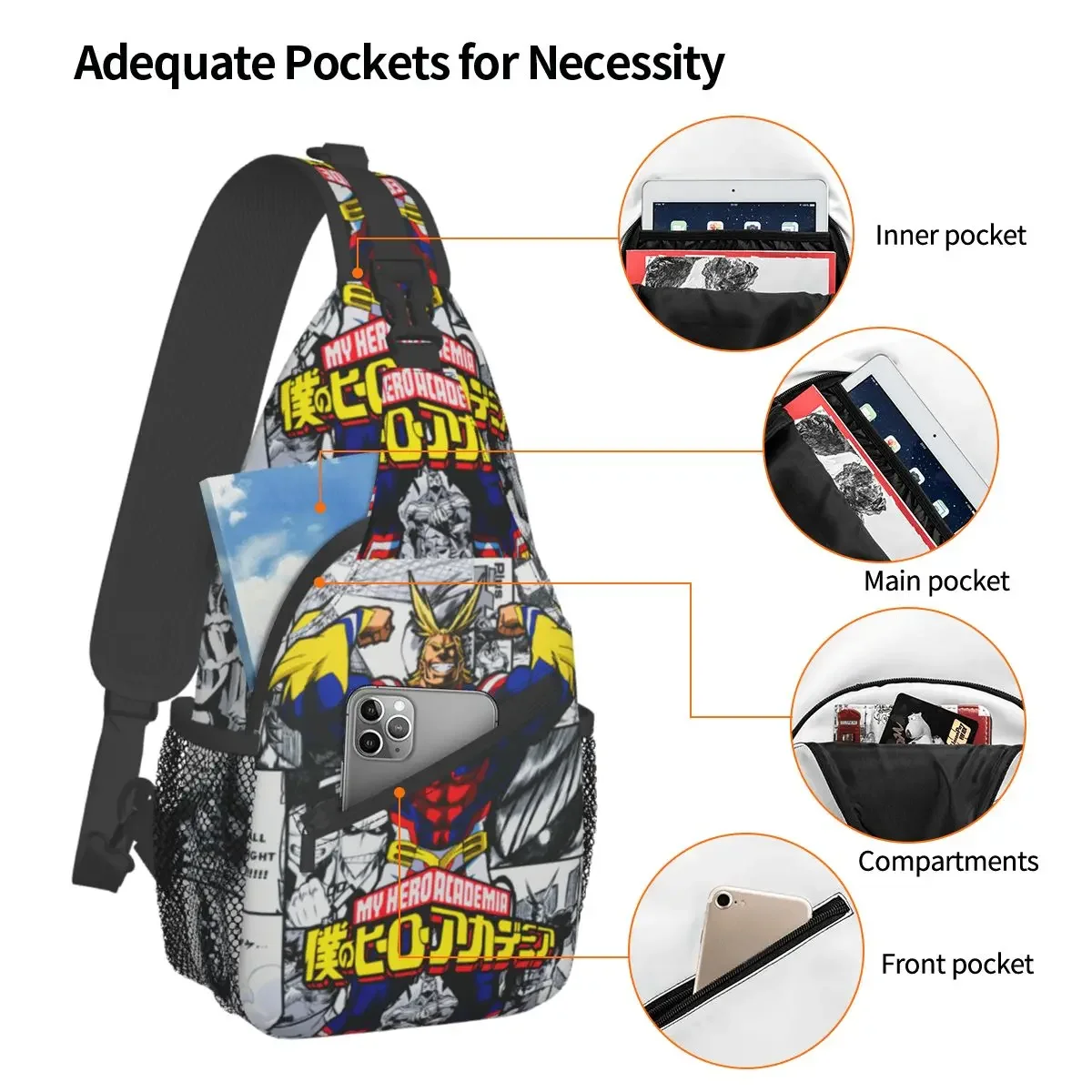 My Hero Academia Crossbody Sling Bags Printed Chest Bag All Might Anime Shoulder Backpack Daypack for Hiking Travel Travel Pack