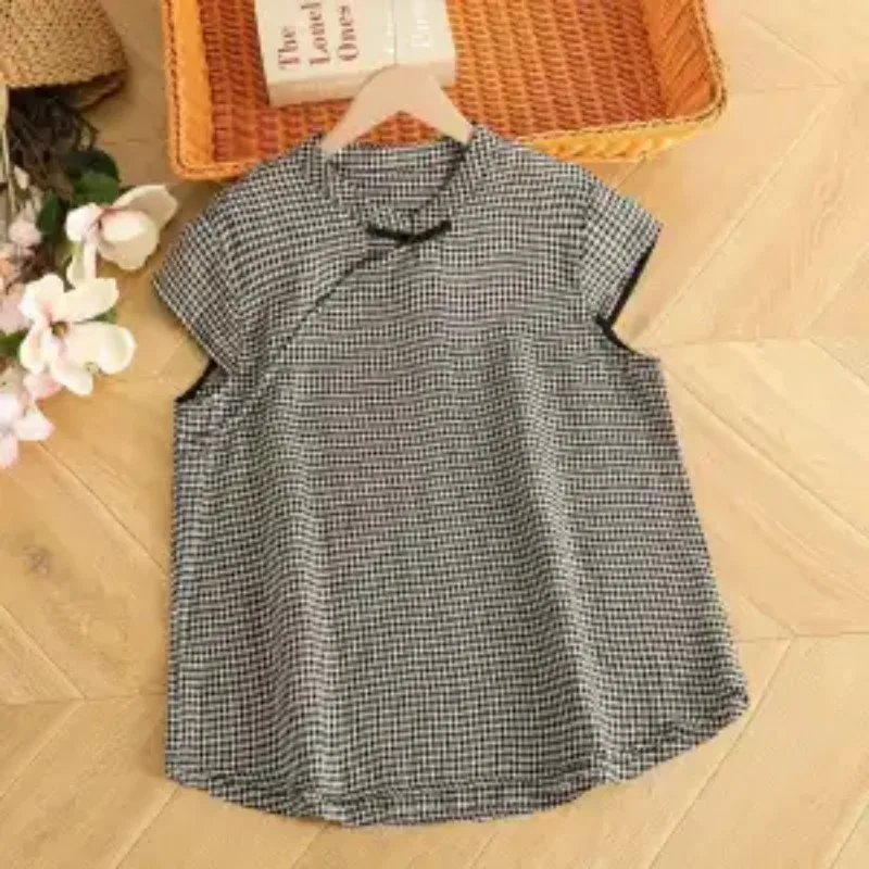 

Женская блузка в клетку в китайском стиле с воротником-стойкой, повседневная, с коротким рукавом, асимметричная, на пуговицах