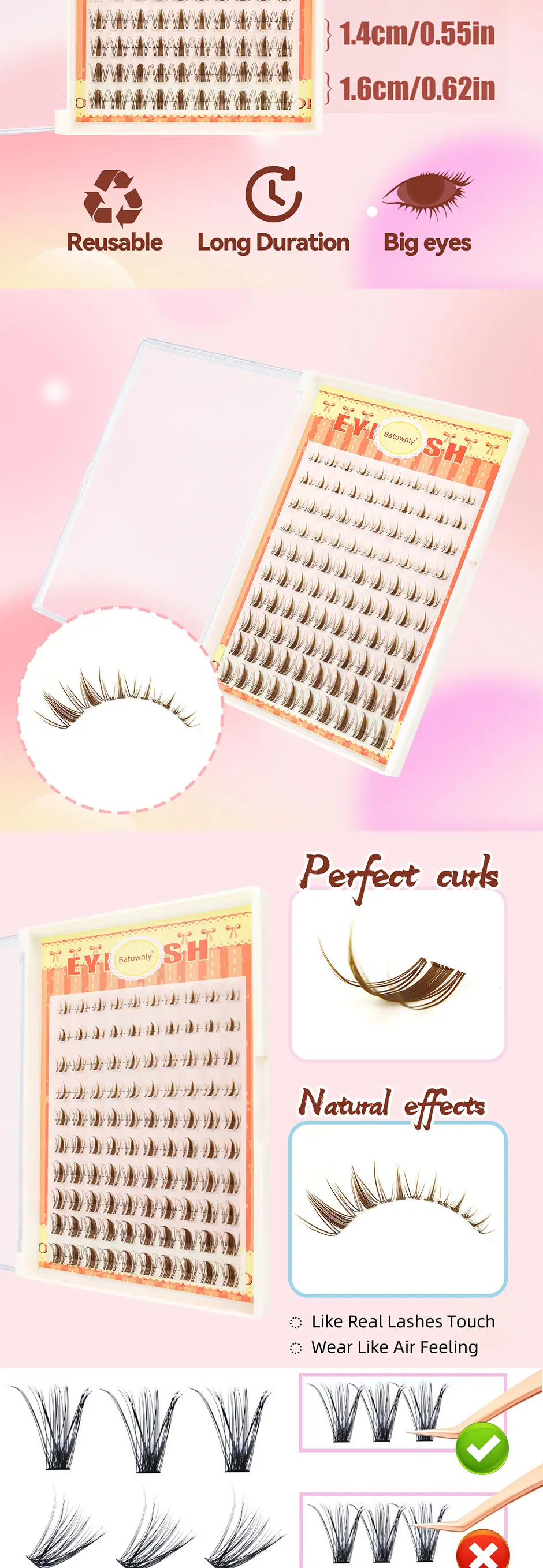 100 Cluster, Manga-Style Wimpern-Cluster, Anime-Stil, Braune Wimpern-Cluster, 8-16mm Gemischte Größen, Natürliche Wimpernverlängerungen, DIY Selbstklebende Wimpern, Geeignet für Arbeit, Pendeln, Dates, Partys, Vergrößern Sie Ihr Augenbild, Fotogen, Anfängerfreundliche künstliche Wimpern – Detail 3
