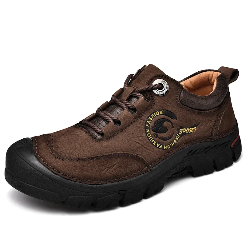 Zapatos de senderismo impermeables de cuero genuino para hombre, zapatillas suaves informales Retro de alta calidad, antideslizantes, para acampar y Trekking