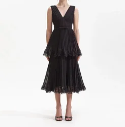 Runway Fashion Summer Black Ruffles Cake Midi Dress New Elegant Women Sexy V Neck Sleeveless Tank Chiffon Lace Trims Party Dress