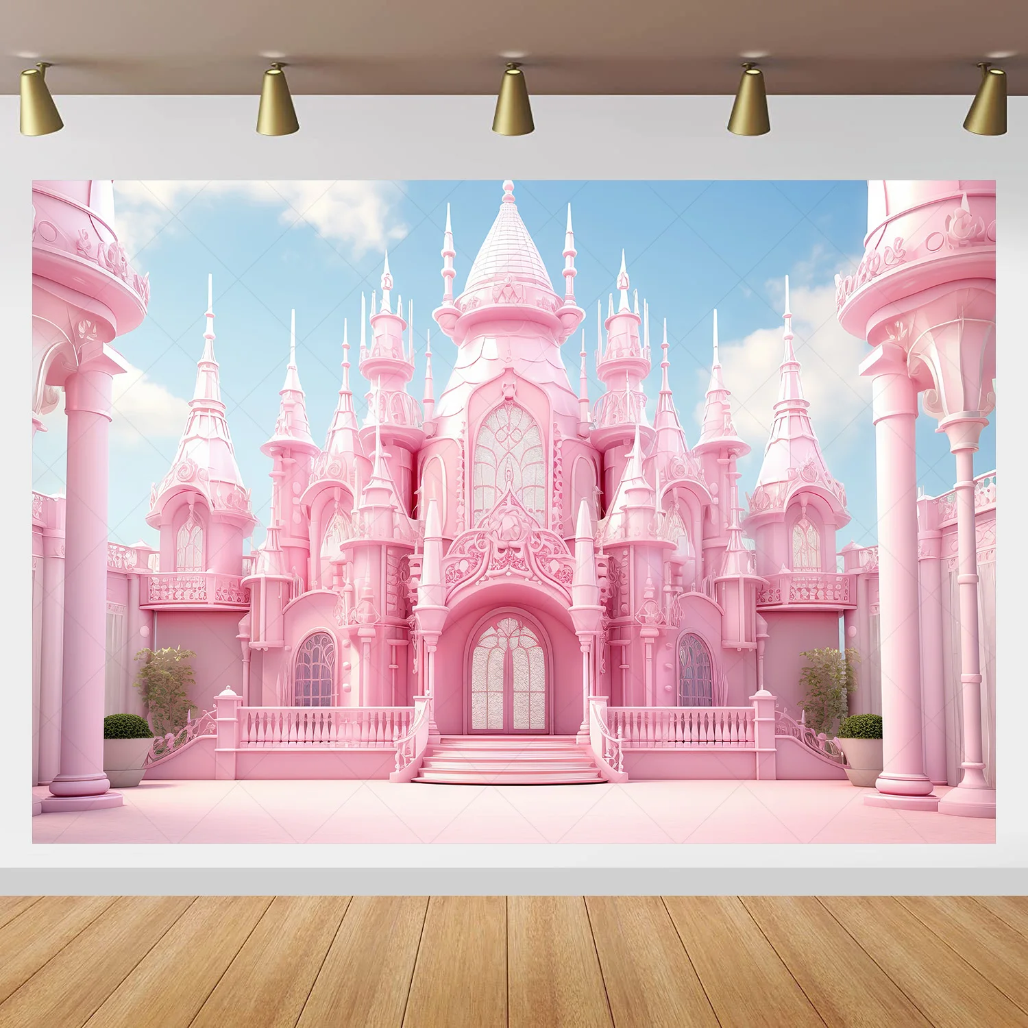 Pink Princess Castle Background Girls Birthday Decoration Background Vinyl Polyester Photography Decoration Props Poster Banner