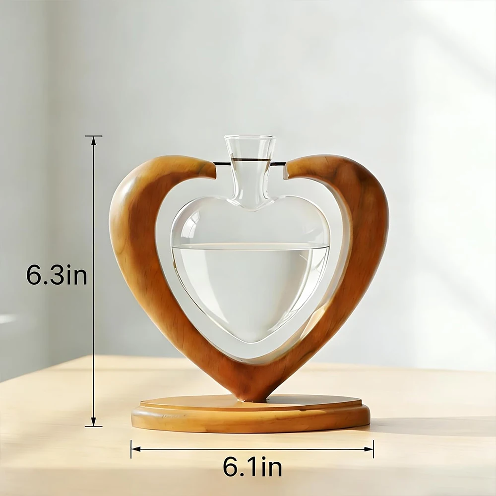 Creative Glass Plant Pots, Heart-Shaped Vases, Wooden Bases, Hydroponic Plant Containers, Decorative Vases for the Home and Desk