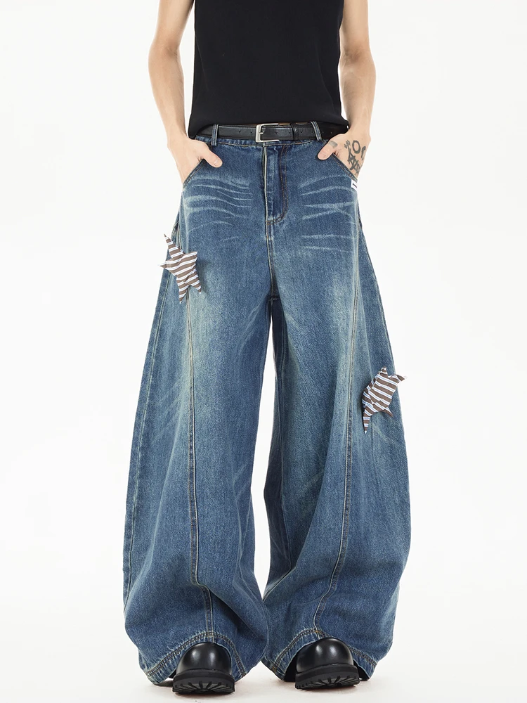 Calça Jeans Unissex Retrô Americana Lavada com Estrelas e Apliques, Corte Reto Solto e Perna Larga, Comprimento Longo, Casual