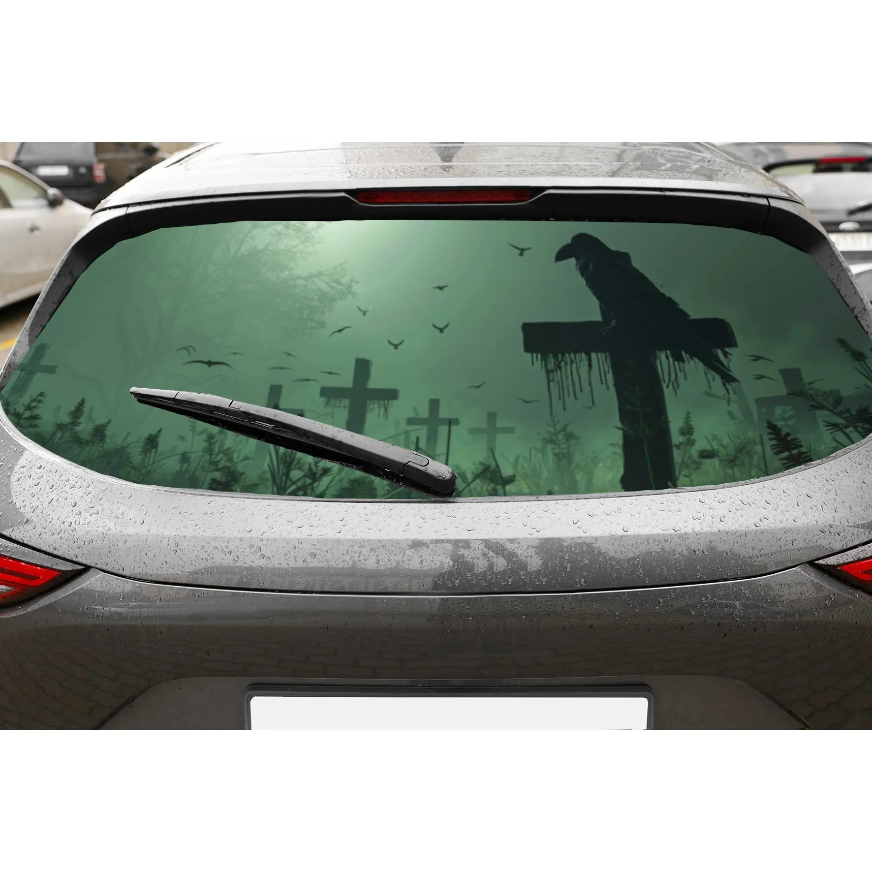 

Темный кладбище и ворон, перфорированные автомобильные виниловые обертывания из ПВХ, конструкция для улучшения конфиденциальности на заднее окно, наклейка на заднее лобовое стекло автомобиля для