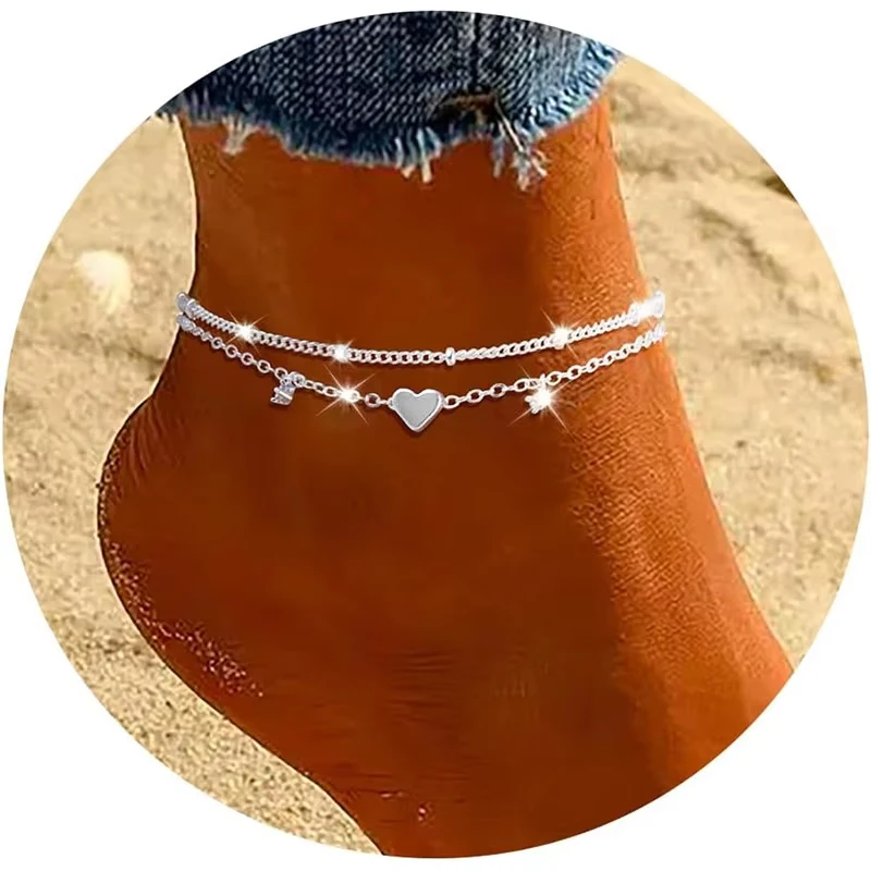 925 Sliver Plated CZ Anklet Bransoletki dla kobiet Dziewczyna Modne Nowe Wodoodporne Serce Urok Drobne Warstwowe Łańcuchy Anklety Biżuteria Prezenty