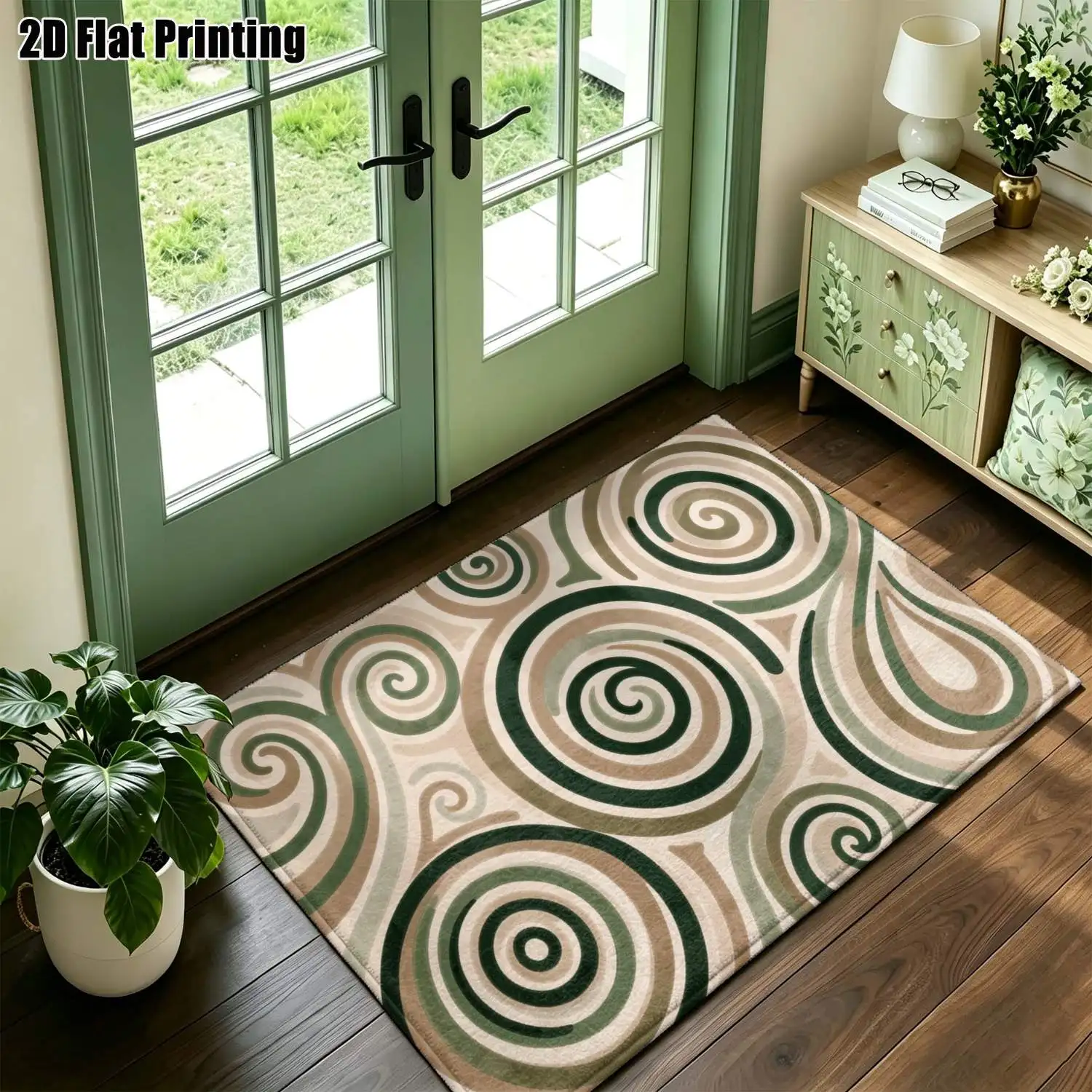 1Pc 2D Printed Carpet: Green-Brown Geometric Spiral, Modern Nordic Instagram Style, Machine Washable, Multi-Size, Ideal for Home Decor & Various Spaces