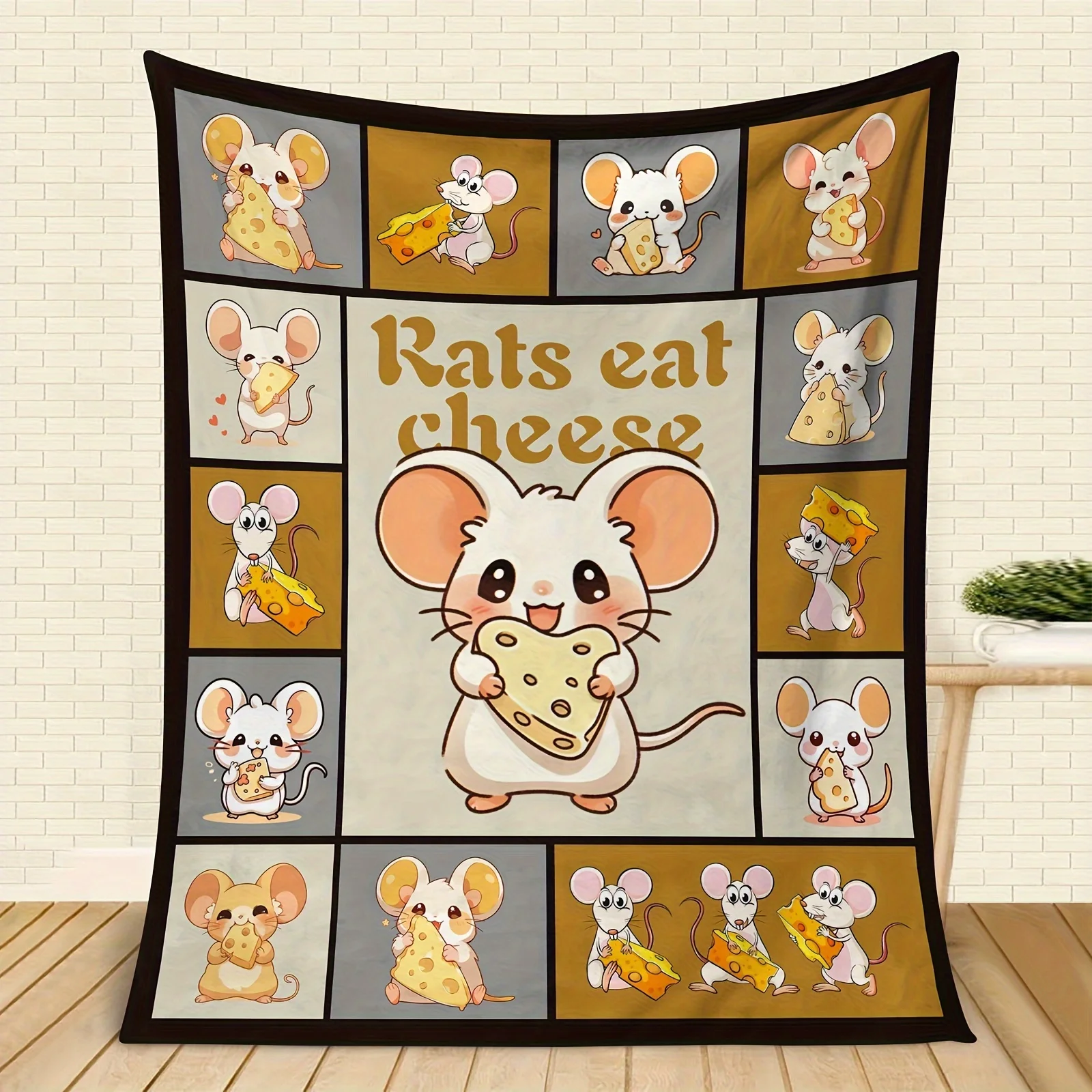 Cute Cartoon Rats Eating Cheese Throw Blanket Fleece Cozy Decor for Nursery Kids Pet Bathroom Gift Whimsical Animal Pattern Warm