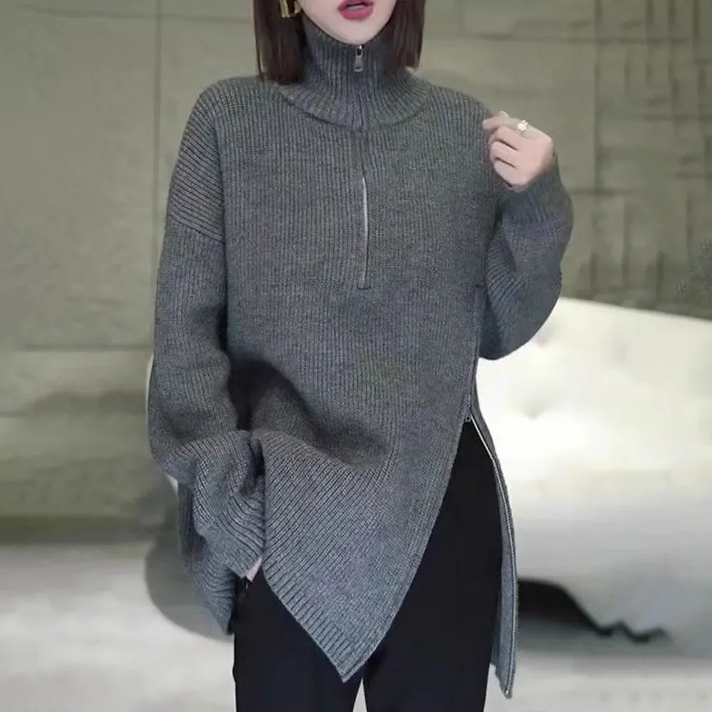 

Chic Irregular Half Zip Pullover Sweater Women's Outer Wear Autumn Winter New Loose Casual Long Sleeve Soft Waxy Turtleneck Tops