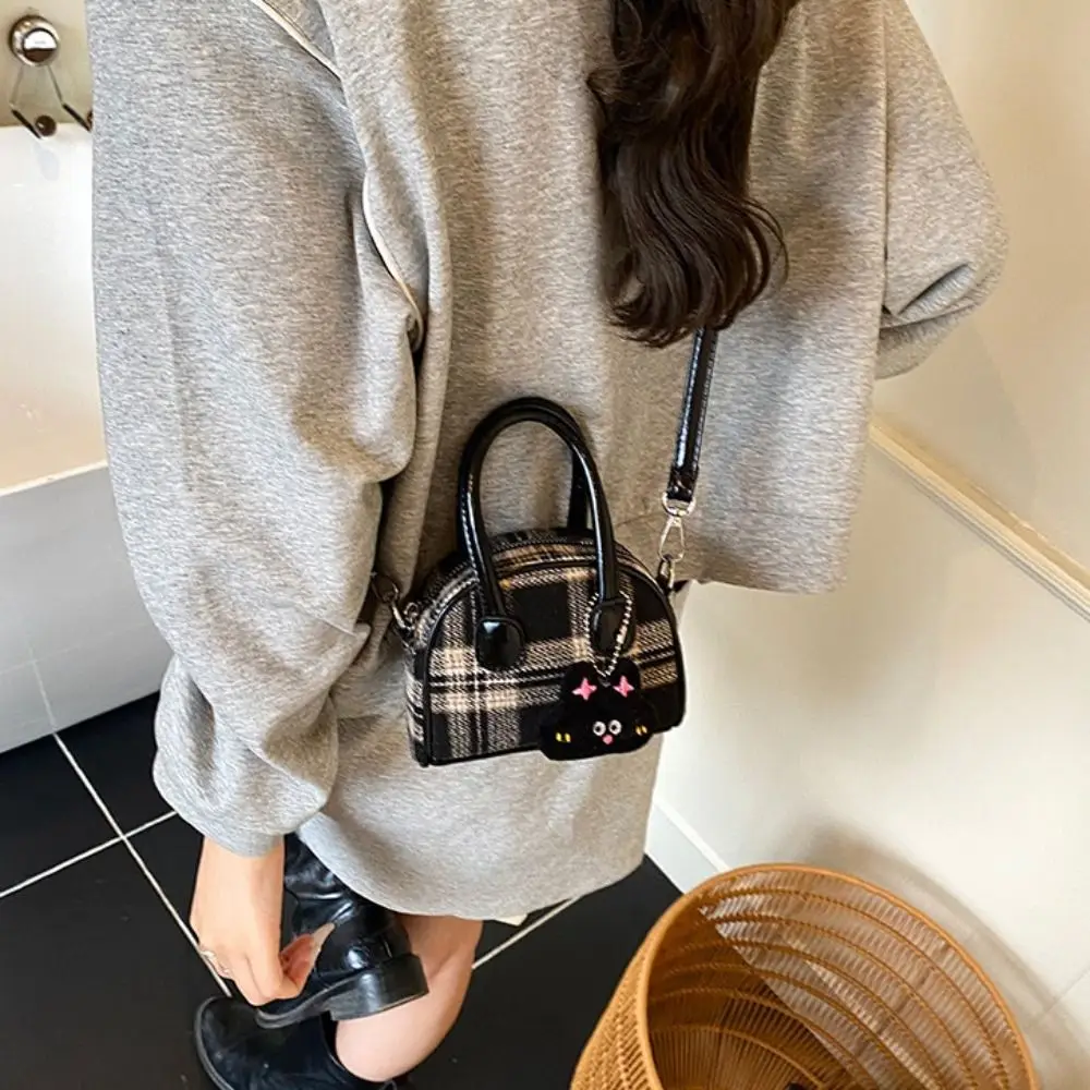 

Fashion French Style Woolen Plaid Bowling Bag Elegant Large Capacity Boston Shoulder Bag PU Leather Cloth Women Handbags Work
