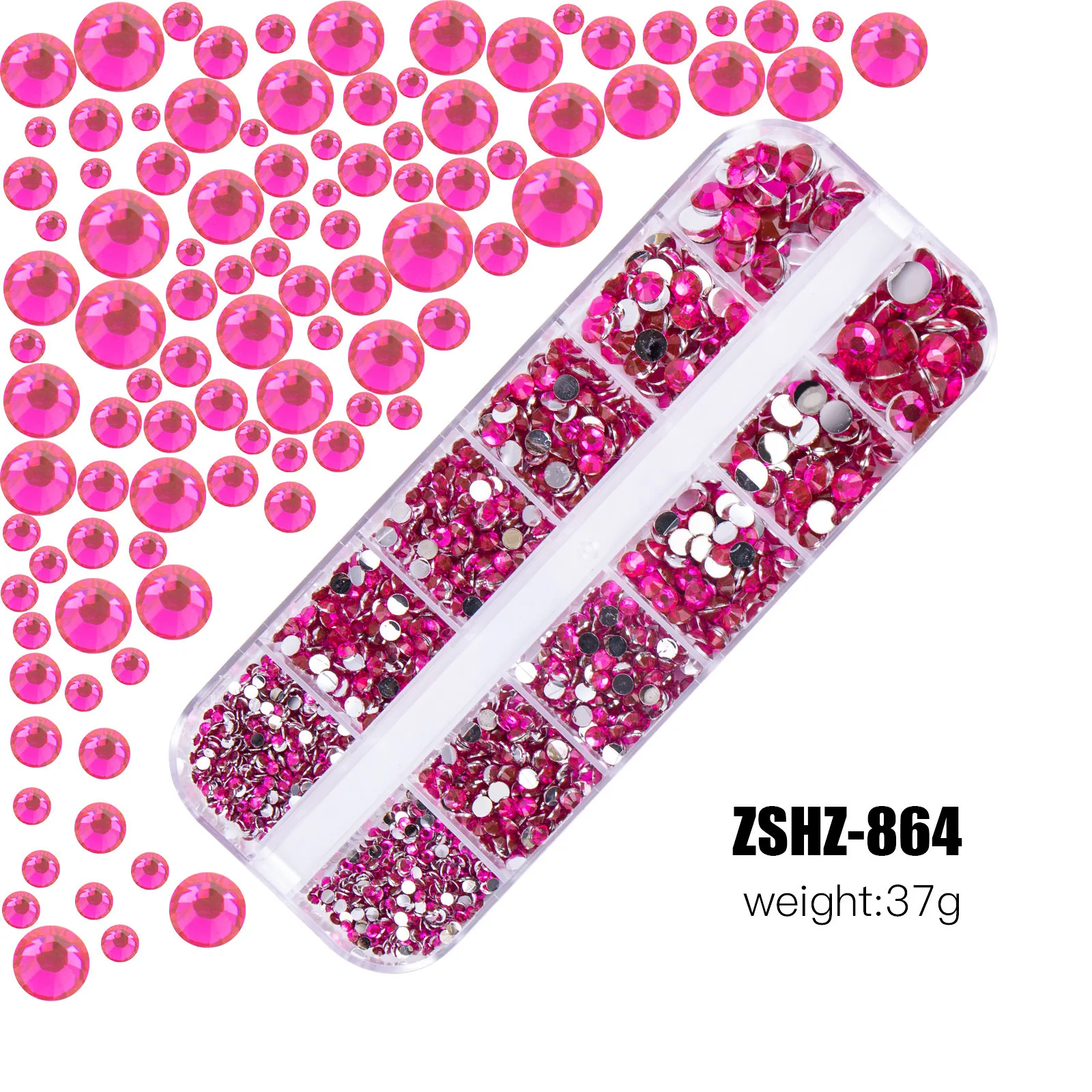 12Grids Rose red Rhinestones 3D Glass Crystal Gems SS4~SS16 Round Flat back Dazzling Diamond Nail Art decorations for Nail Salon