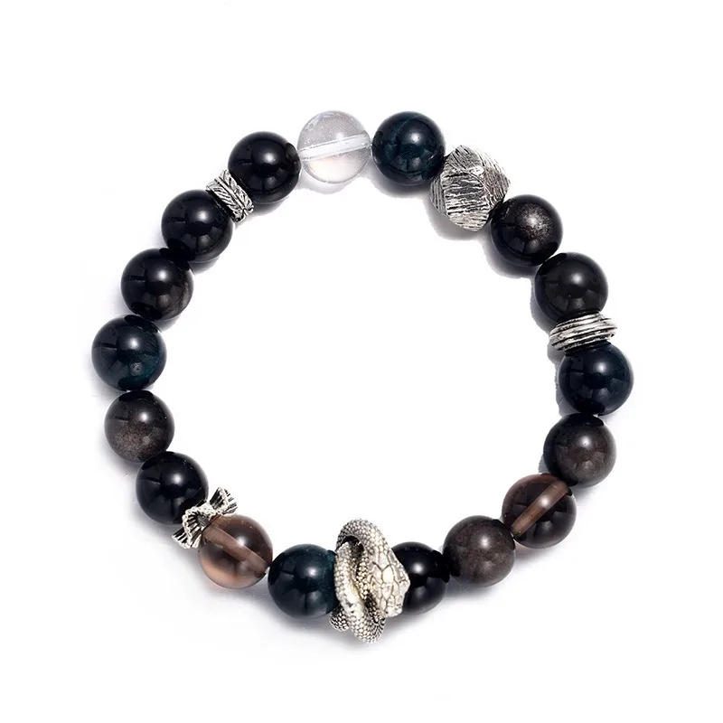 Neutral Snake Alloy Crystal Bracelet Black Obsidian Tea Quartz Beaded Lucky Charm Gifts