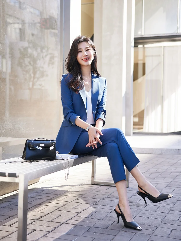 

Весенняя новинка: женский шерстяной костюм-двойка для офиса, модная верхняя одежда, приталенный крой, длинный рукав, однотонный, с пуговицами