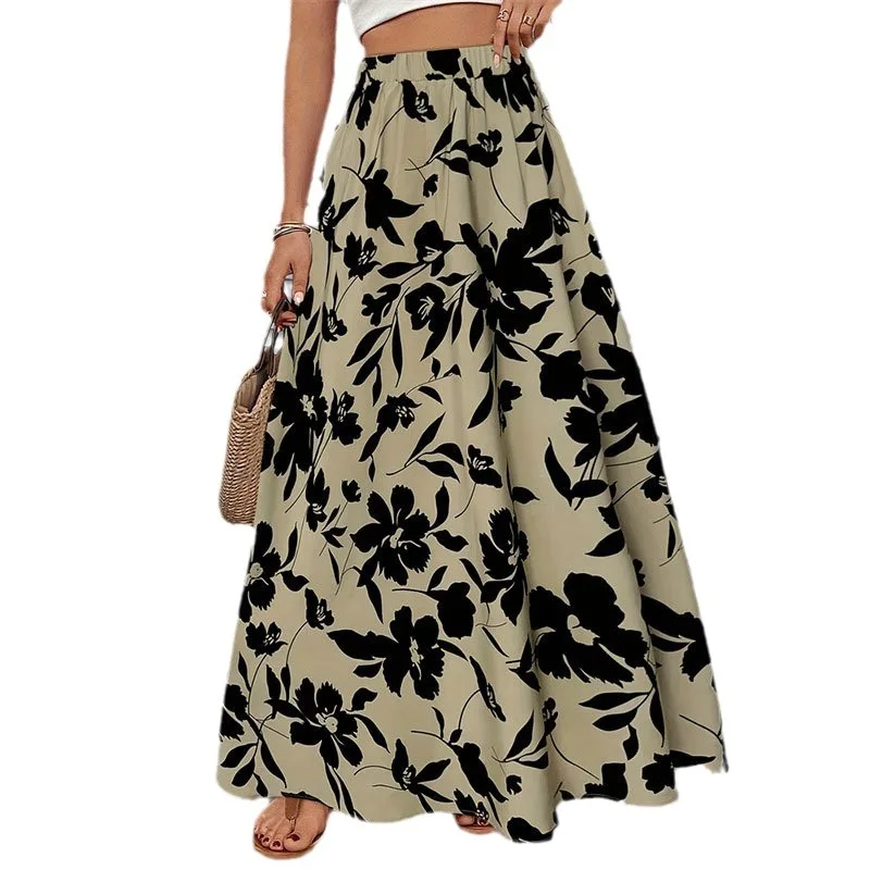 Elegant Floral Print Long Skirts For Women 2024 Summer Beach Fashion High Waist Cute Maxi Dresses Skirt Female