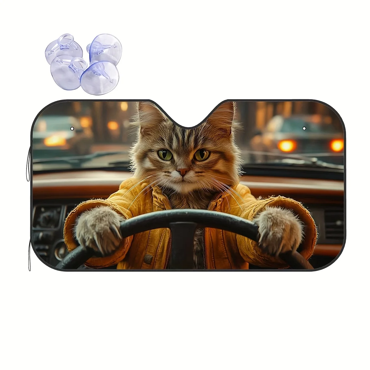 

1pc Funny Driving Cat Windshield Sunshade - Cute Cat In Yellow Jacket Design, Car Sun Visor For Sun Protection & Heat Relief, Ea