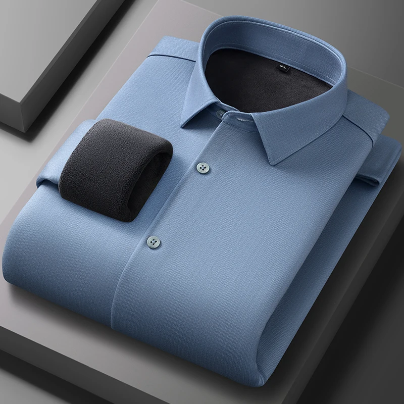Kemeja lengan panjang bergaris ModaL hangat musim dingin untuk pria kemeja kasual slim fit lembut anti-kerut elegan pakaian tebal.