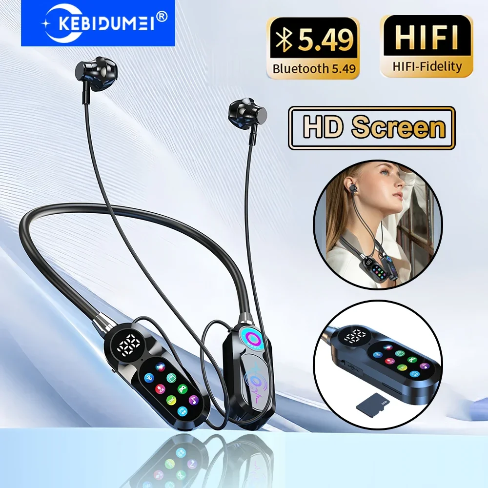 HD Screen Earphones Bluetooth 5.4 Headphones Neckband Headsets TWS Wireless Earbuds HiFi Stereo Voice Assistant Support TF Play