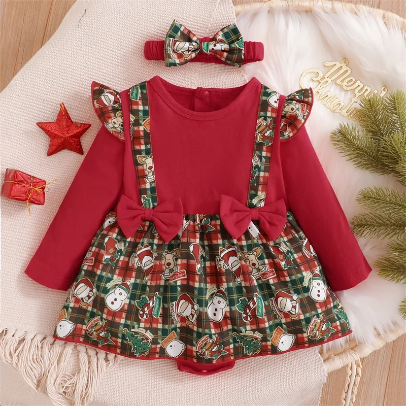 

Infant Girls Holiday Romper Set with Matching Headband Festive Red Plaid Jumpsuit with Long Sleeves and Round Neckline