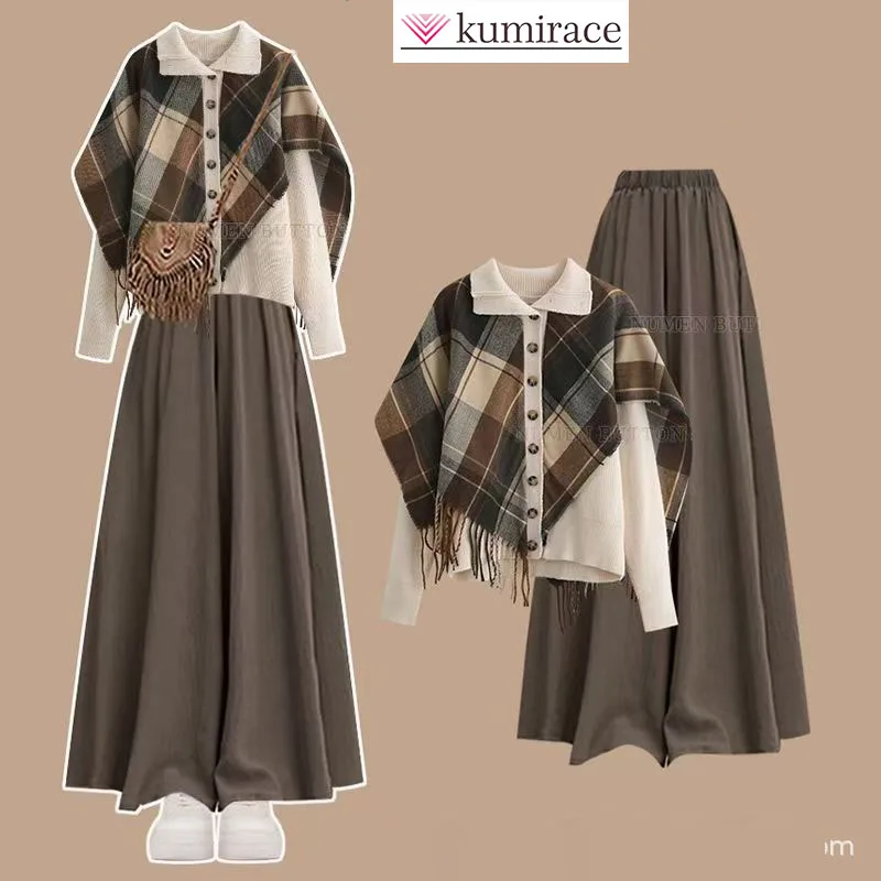 Gefälschtes zweiteiliges Set für Damen, dicke mm-Strickpullover-Strickjacke für Damen, schlankmachende Freizeithose mit weitem Bein und hoher Taille, zweiteiliges Set