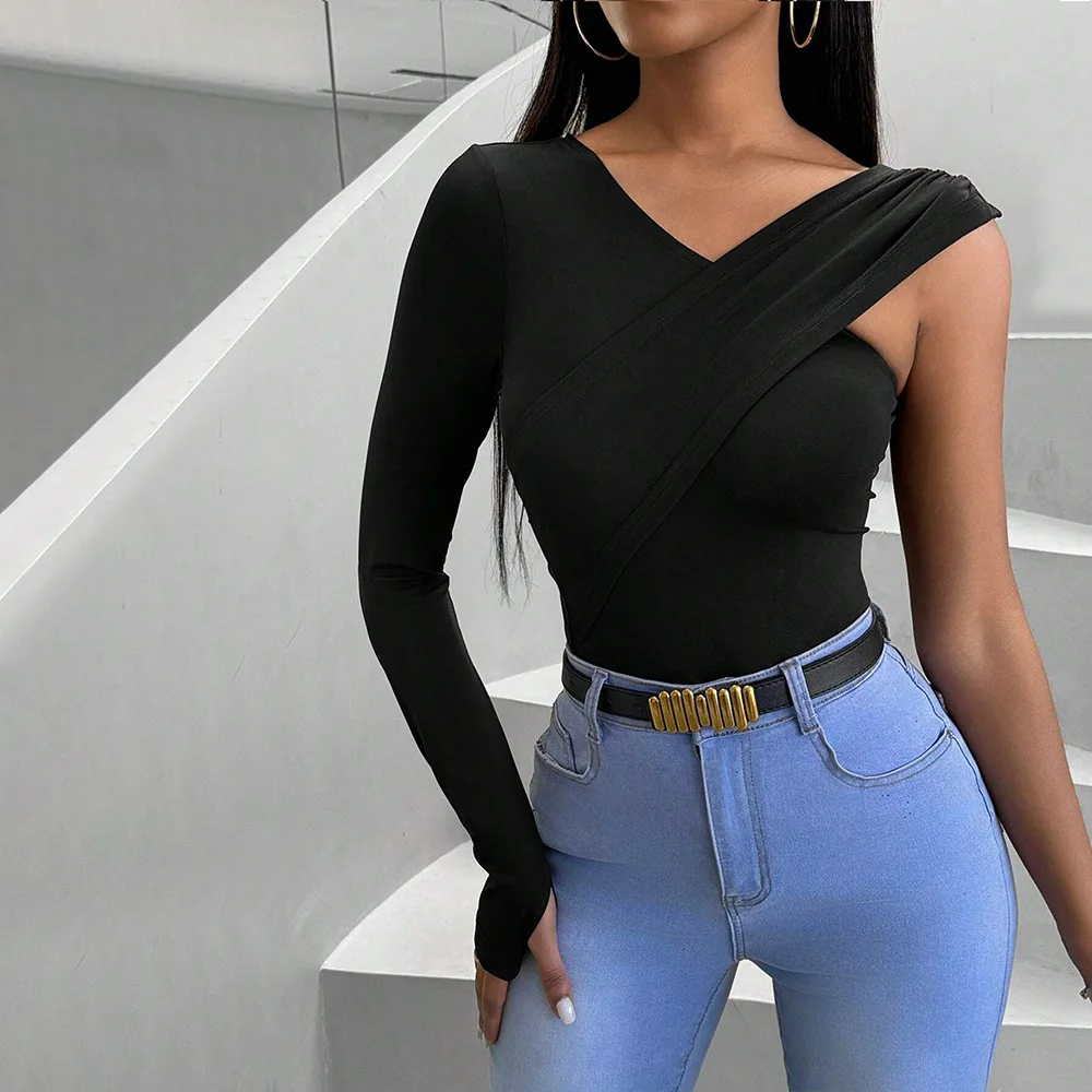 

Women's T-shirt Autumn and Winter V-neck Unilateral Long-sleeved Design Feeling Thin Design Feeling Thin Top