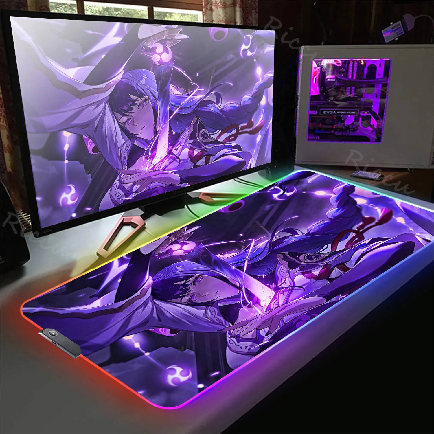 

Genshin Impact table pc gamer Baal Raiden Shogun rgb mouse pad table mat game Purple led mousepad rubber desk pad