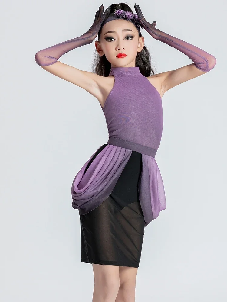 Girls Rumba Tango Dance New Purple Latin Dance Costume Competition Wear Kid's High Necked Off Shoulder Performance Suit