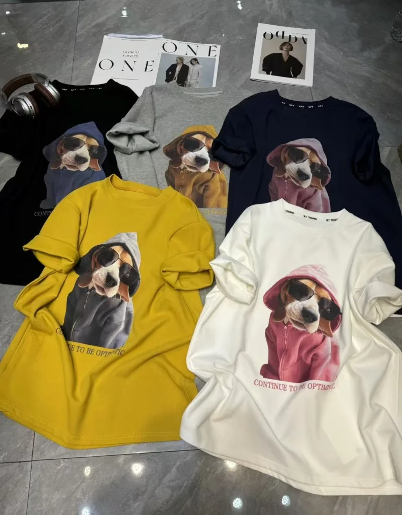 T-shirt décontracté à manches courtes à col rond, motif de chien imprimé, chapeau de dessin animé, demi-manches, haut populaire, automne et hiver, nouveau, 2024