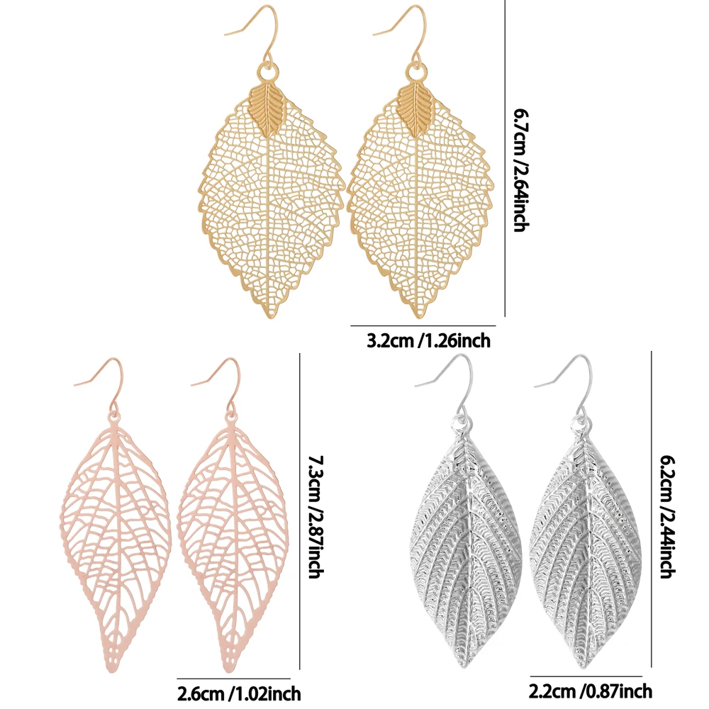 3 أزواج من الأقراط المتدلية على شكل أوراق بوهو للنساء، هندسية مريحة في الارتداء، مجوهرات إبداعية، هدايا العطلات