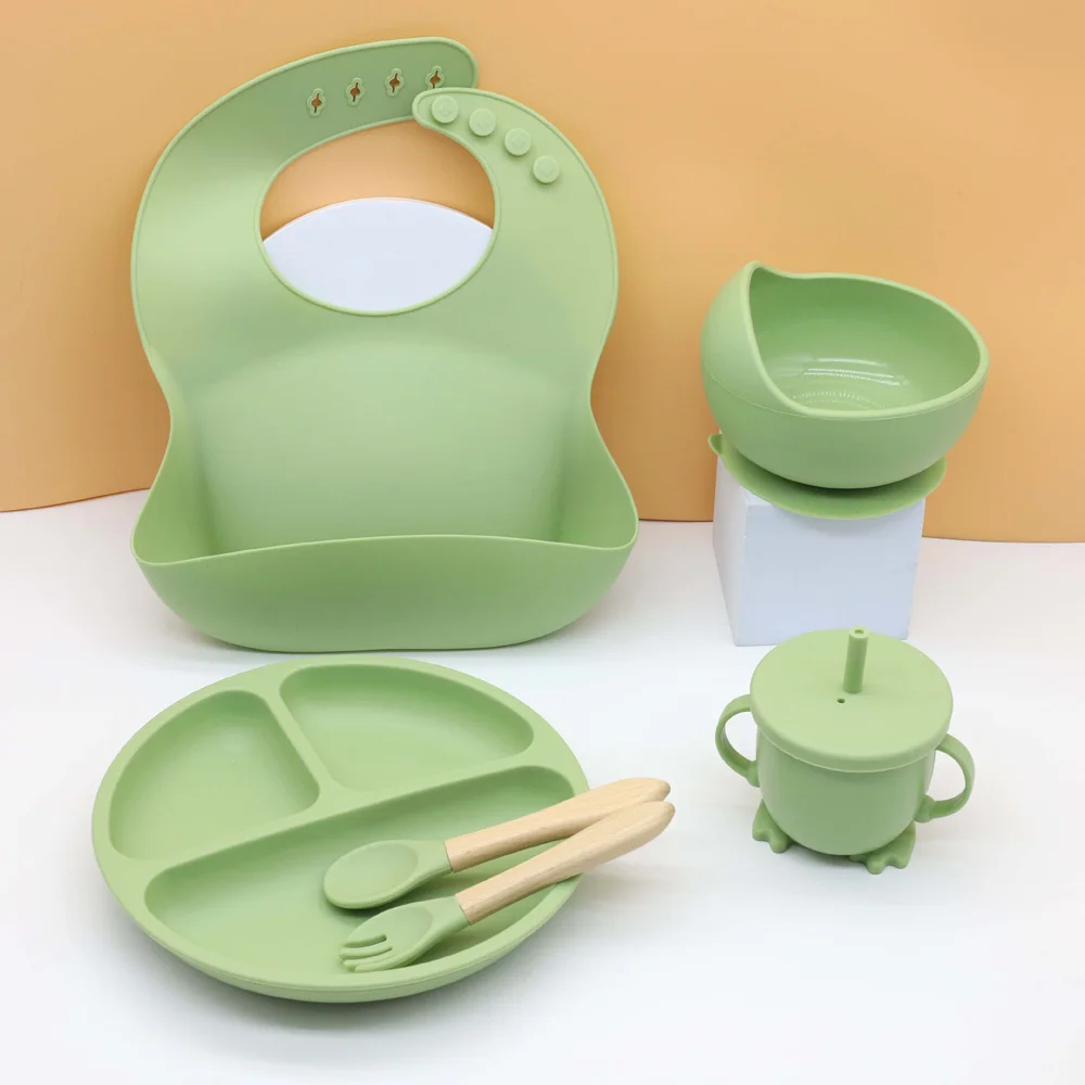 Laris set peralatan makan makanan bayi, bib mangkuk makan cangkir air pegangan kayu sendok garpu enam potong