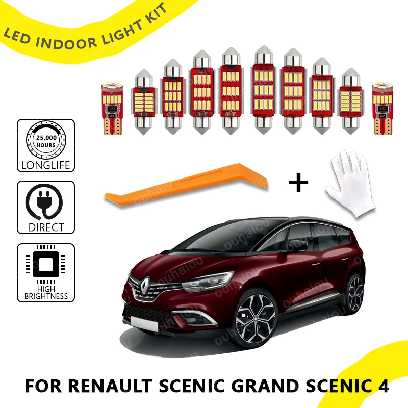 

12Pcs For Renault Scenic Grand Scenic 4 IV MK4 2017 2018 2019 2020 2021 2022 LED Interior Dome Map Reading Light Bulb Kit