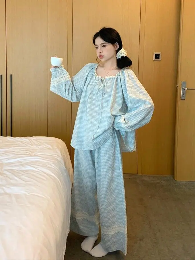 

Korean Version of Spring Autumn New Lace Loose Pajama Sets Plaid Girls Long Sleeve Trousers Home Clothing 2-piece Set Setup Wear