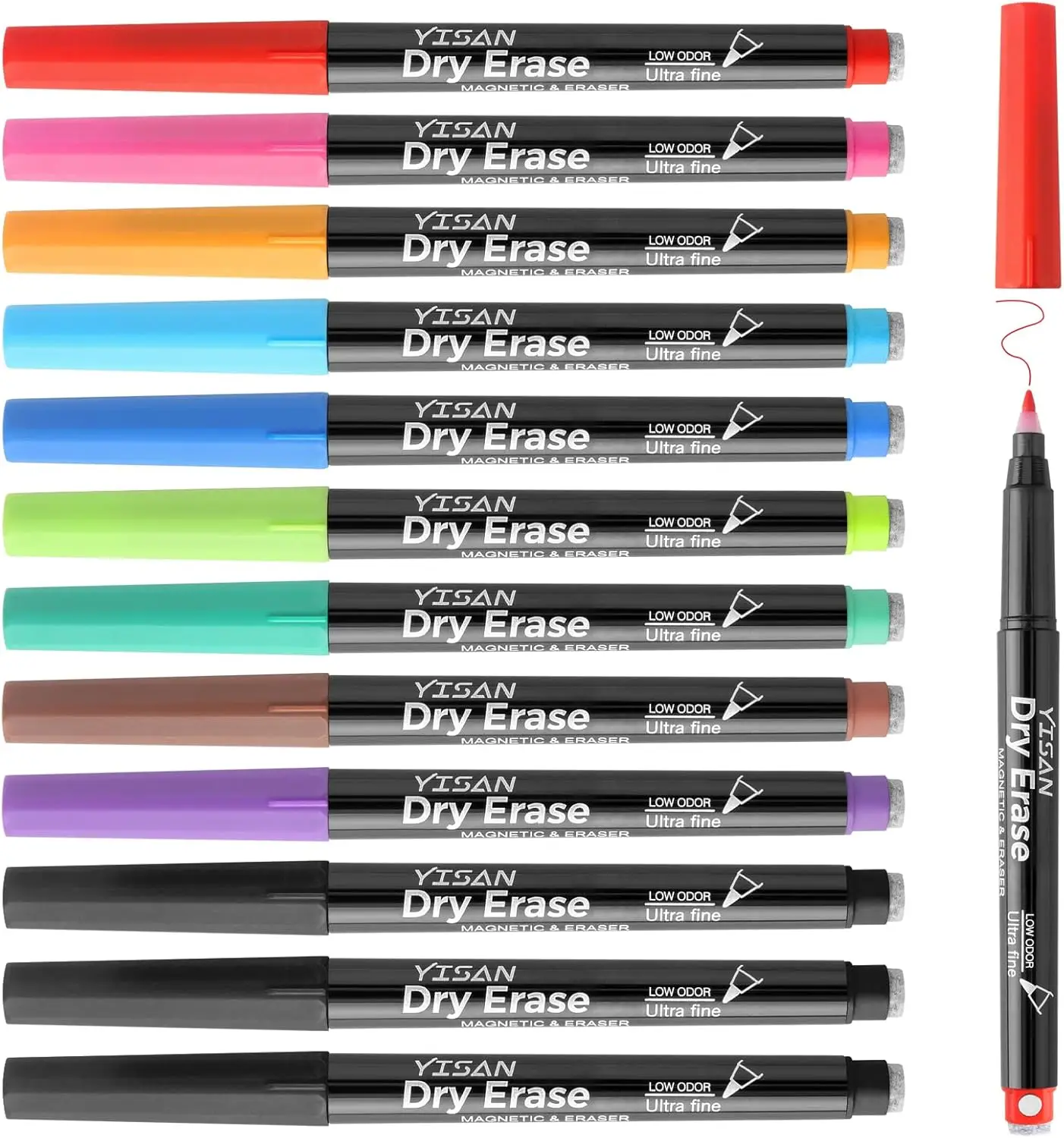 

Ultra Fine 0.7mm Dry Erase Markers with Magnetic Caps and Eraser, Low Odor, Assorted Colors, 12 Count