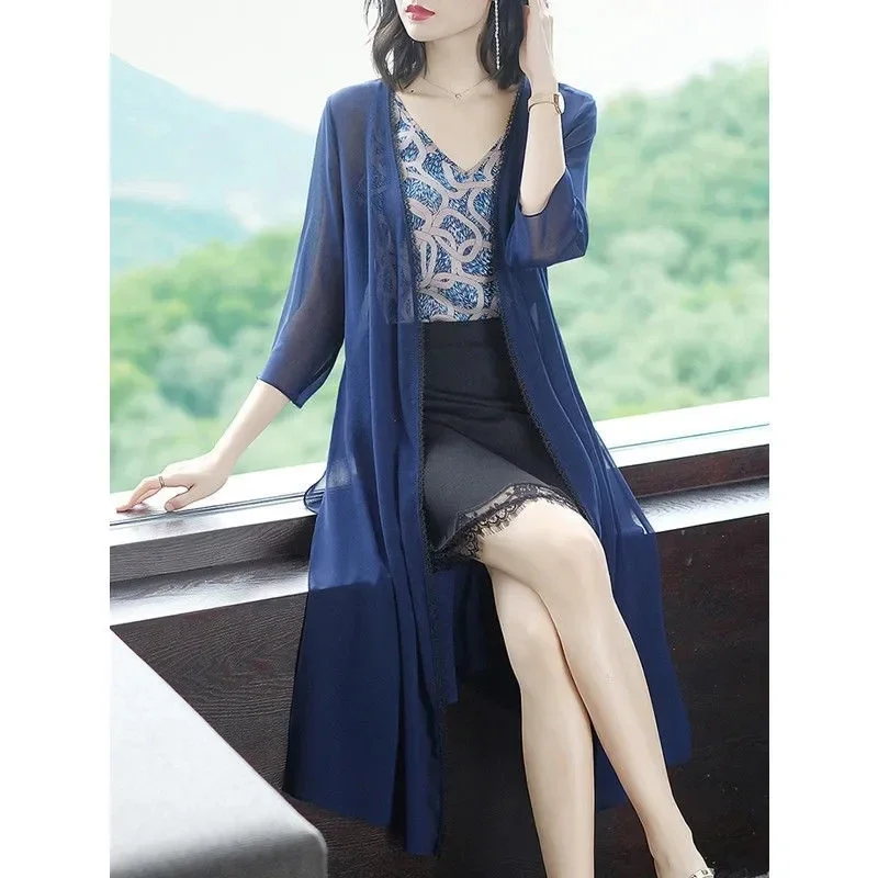 

Летний женский кардиган, солнцезащитное пальто, женская солнцезащитная куртка с шалью, корейская женская длинная рубашка с v-образным вырезом и кондиционером