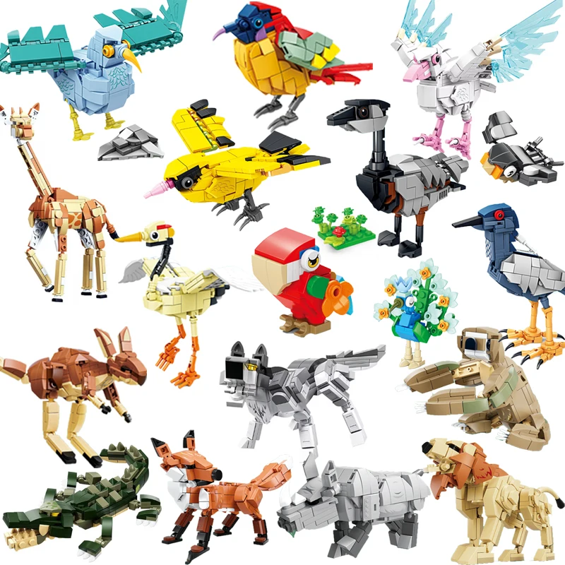 MOC City Creative Building Blocks Accessories Zoo Rhino Lion Kangaroo Wolf Fox Frog Bee Crow Peacock Mini Brick Toy Gifts X021