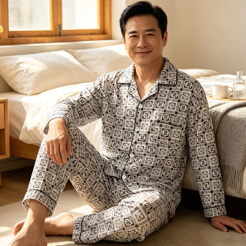 Cotton-like Long-sleeved Men's Pajama Set for Autumn and Winter, New Style, High-end Printed Flowered Shirt, Home Wear Set