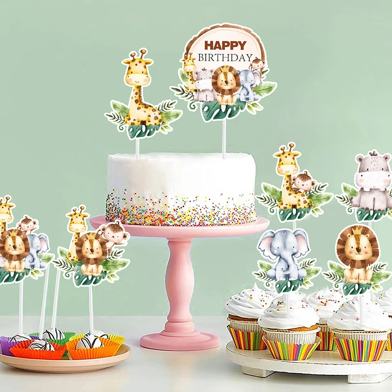 New Jungle Animal Theme Birthday Party Cake Top Cartoon Elephant Lion Giraffe Cake Decoration Wild One Birthday Party Decoration