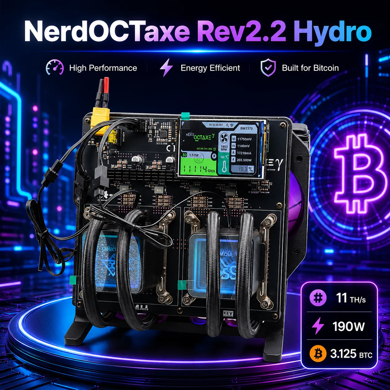 Nerdoctaxe Rev2.2 Hydro Bitcoin Miner 11Th/s 190W Home Open Source mit Mean Well Netzteil und 3,5-Zoll-Display